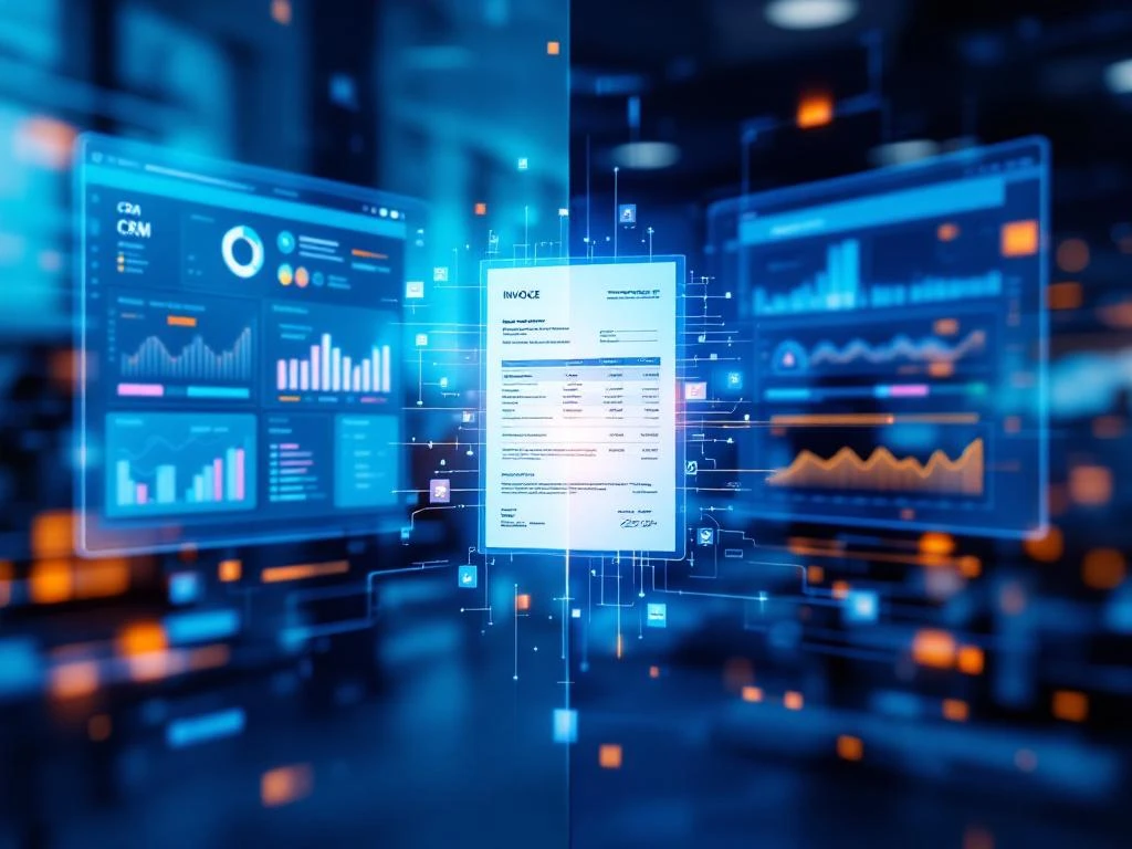 CRM dashboard gekoppeld aan Twinfield boekhoudsoftware met factuur en datastromen in moderne kantooromgeving