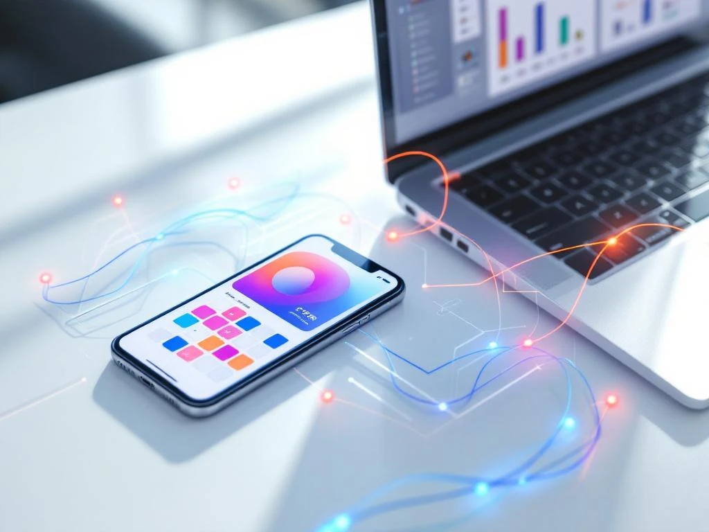 Smartphone en laptop op wit bureau met kalender-app en CRM-dashboard, verbonden door blauwe en oranje lijnen voor datasync