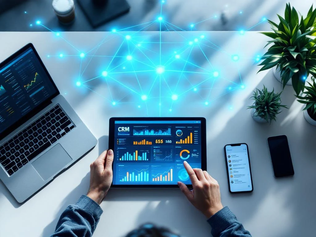 Moderne werkplek met tablet, laptop en smartphone verbonden door blauwe datastromen in driehoekspatroon