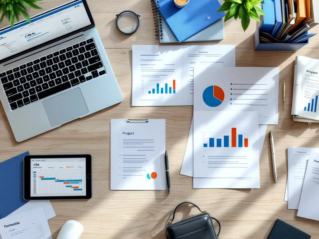 Moderne kantoorwerkplek met georganiseerde documentsjablonen, laptop met CRM-interface, tablet en projectmappen