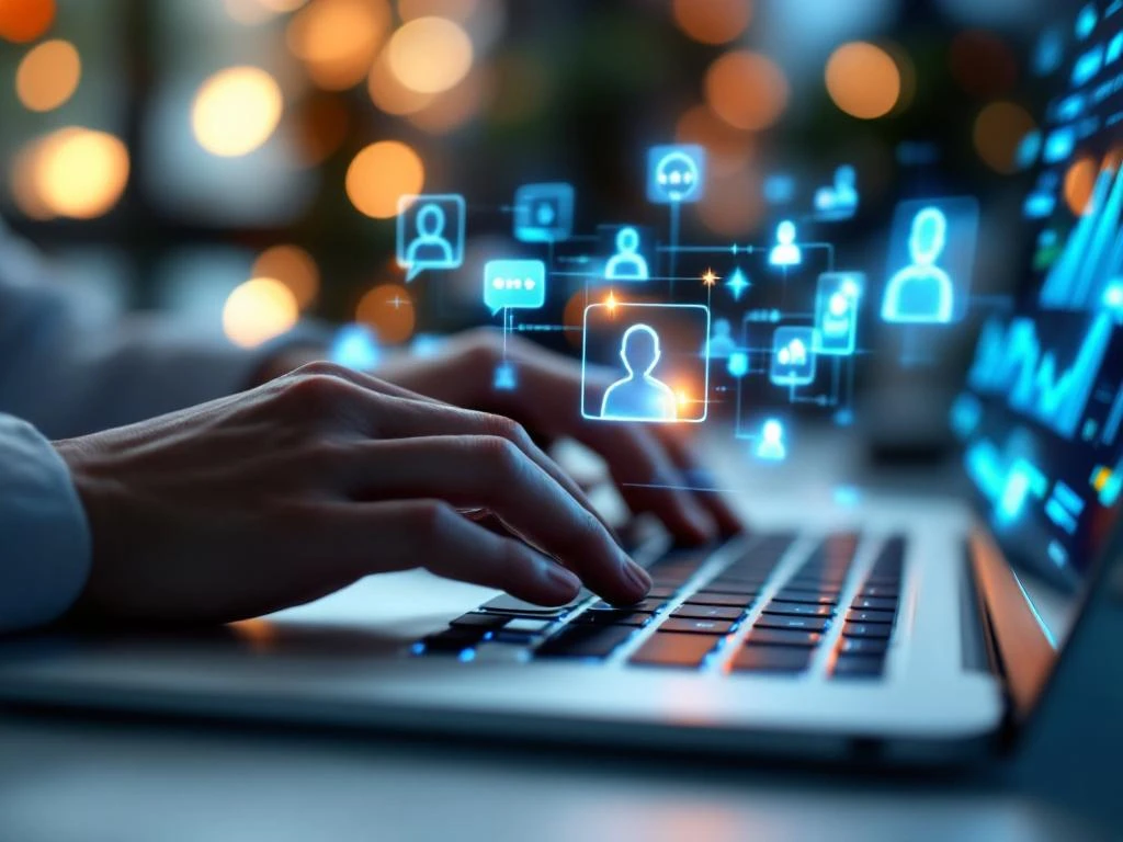 Handen typen op laptop met zwevende klantenservice iconen en CRM dashboard op scherm, digitale transformatie concept