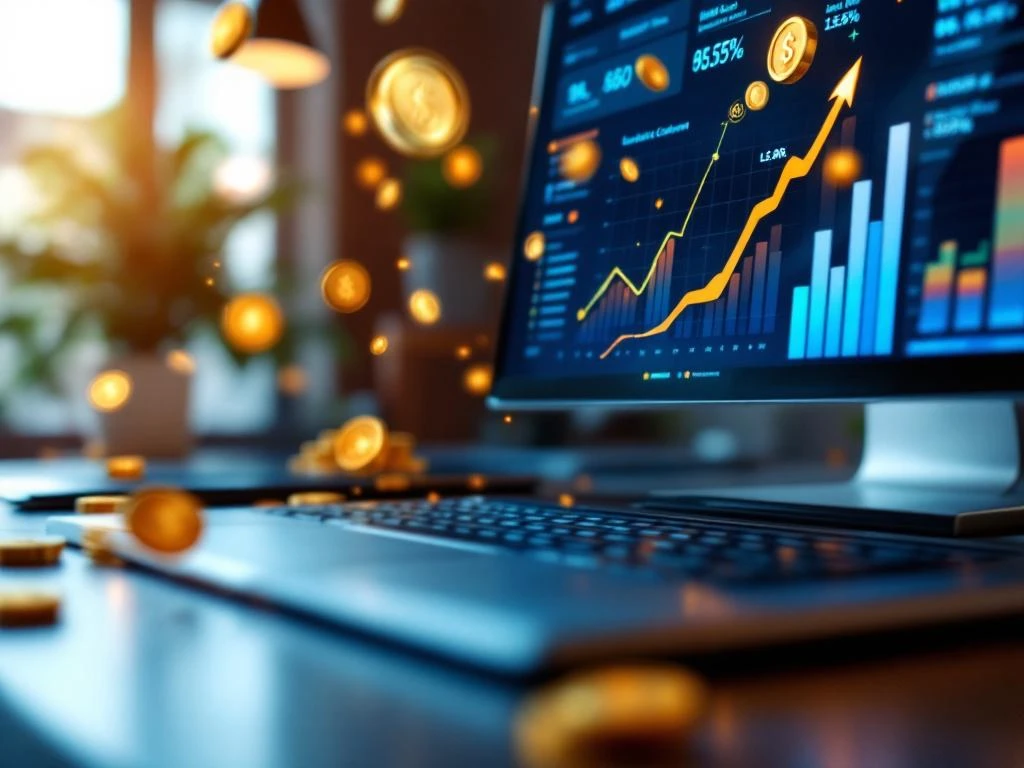 CRM-dashboard toont kleurrijke lead scoring-statistieken met gouden munten en pijlen die groei symboliseren op computerscherm