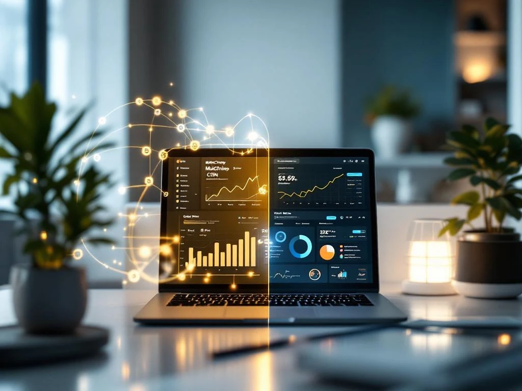 Laptop met Mailchimp e-mailanalytics verbonden via datastromen aan CRM-dashboard op moderne werkplek