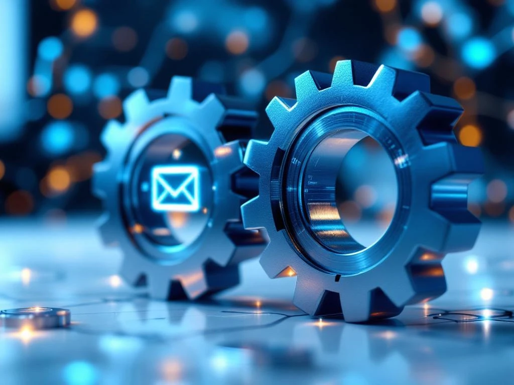 Twee in elkaar grijpende metalen tandwielen met Mailchimp en CRM-symbolen op witte achtergrond, symboliserend software-integratie