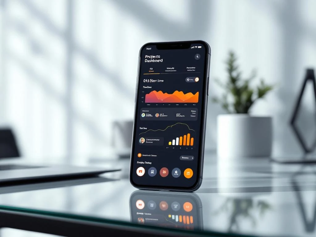 Smartphone met projectmanagement dashboard op glazen bureau, toont kleurrijke tijdlijnen en voortgangsgrafieken