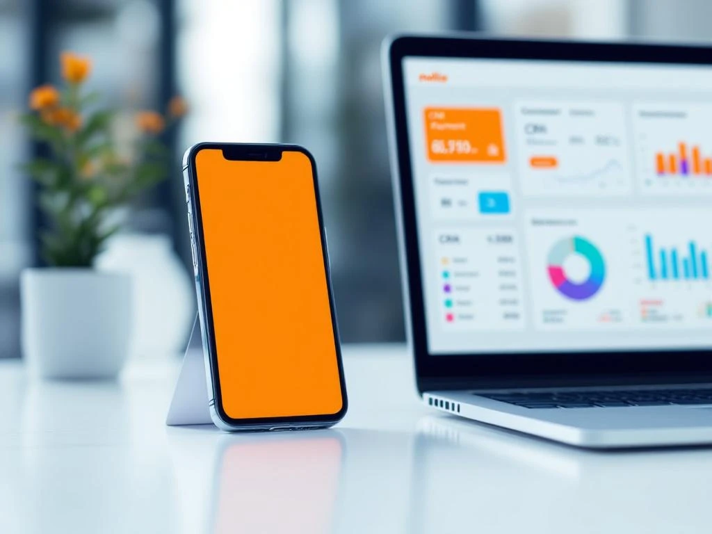 Smartphone met Mollie betalingsinterface naast laptop met CRM-dashboard, verbonden door digitale datavisualisaties