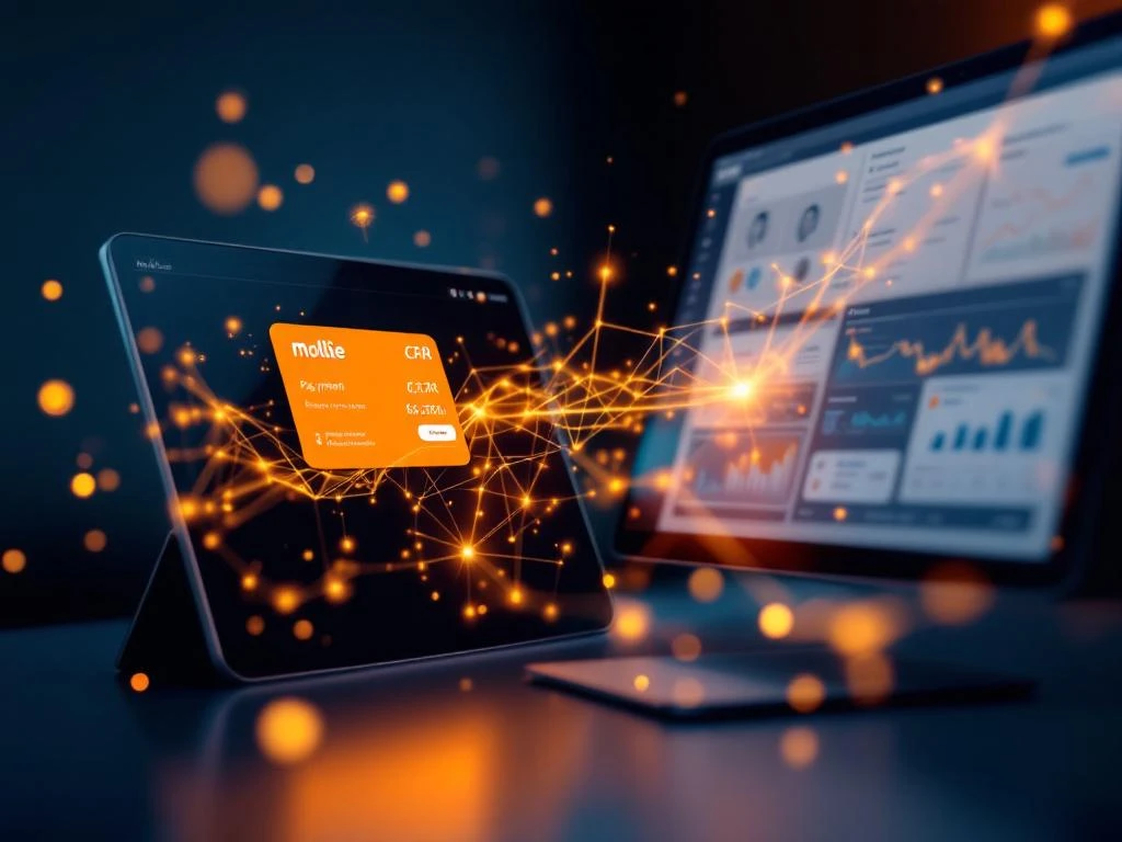 Twee digitale schermen tonen Mollie betalingsinterface en CRM-dashboards verbonden door gouden datastromen voor naadloze integratie