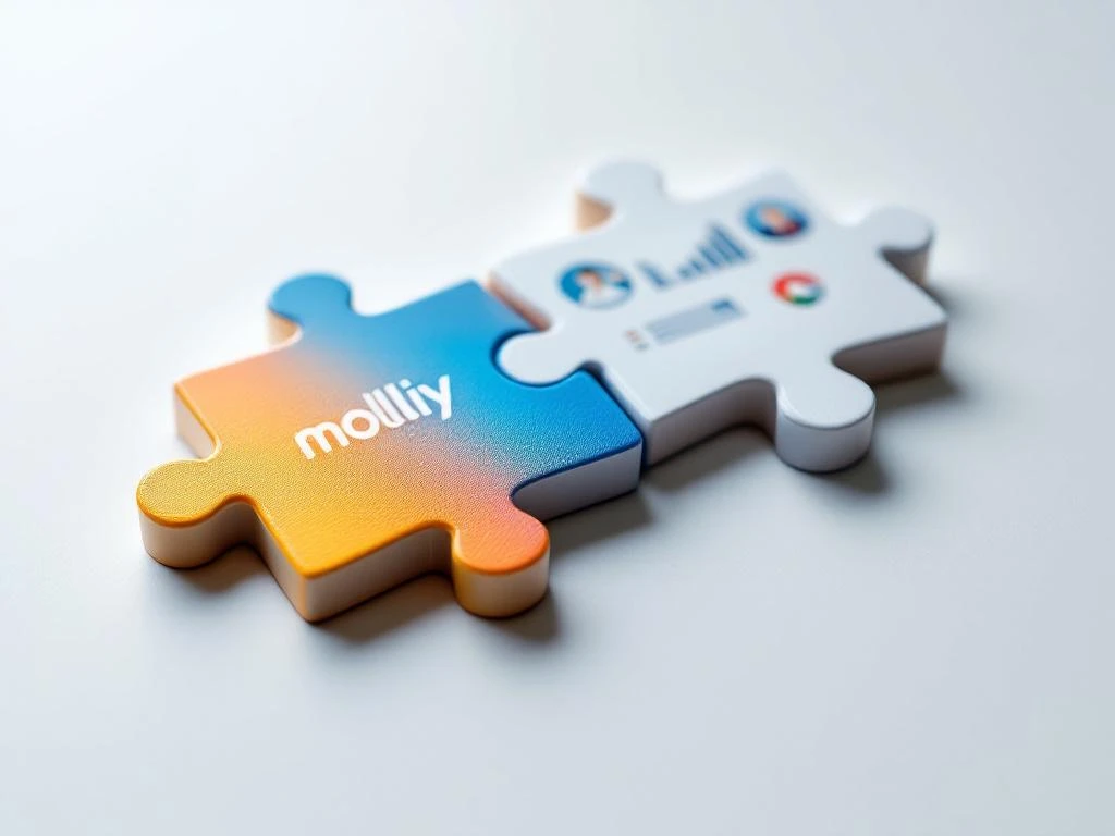 Twee in elkaar grijpende puzzelstukjes die Mollie betaalgateway integratie met CRM-systeem symboliseren op witte achtergrond