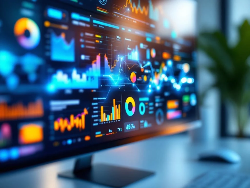 Moderne computermonitor toont kleurrijke Power BI dashboard met grafieken, KPI's en data-visualisaties in kantooromgeving