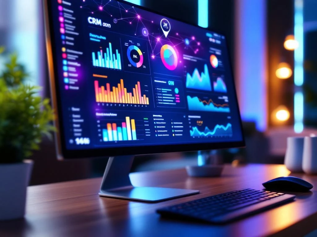 Computermonitor met kleurrijke Power BI dashboard grafieken en CRM data visualisaties op houten bureau met toetsenbord