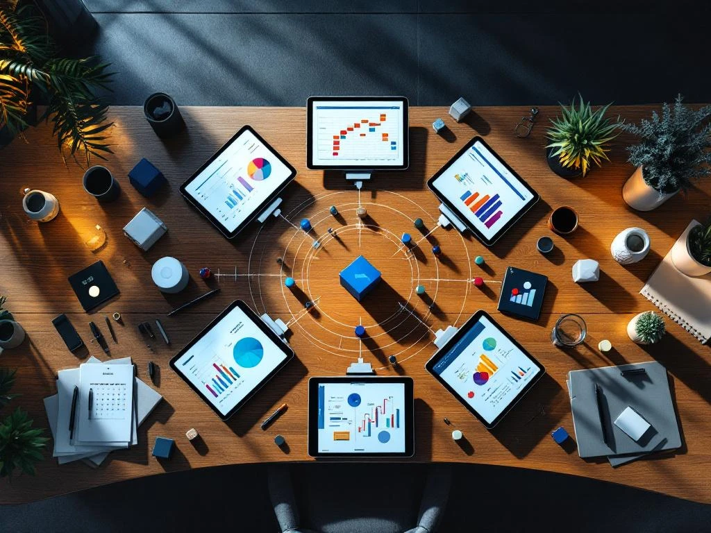 Luchtfoto van moderne kantoorbureau met zeven projectmanagement-elementen in spiraalpatroon, tablets met Gantt-grafieken