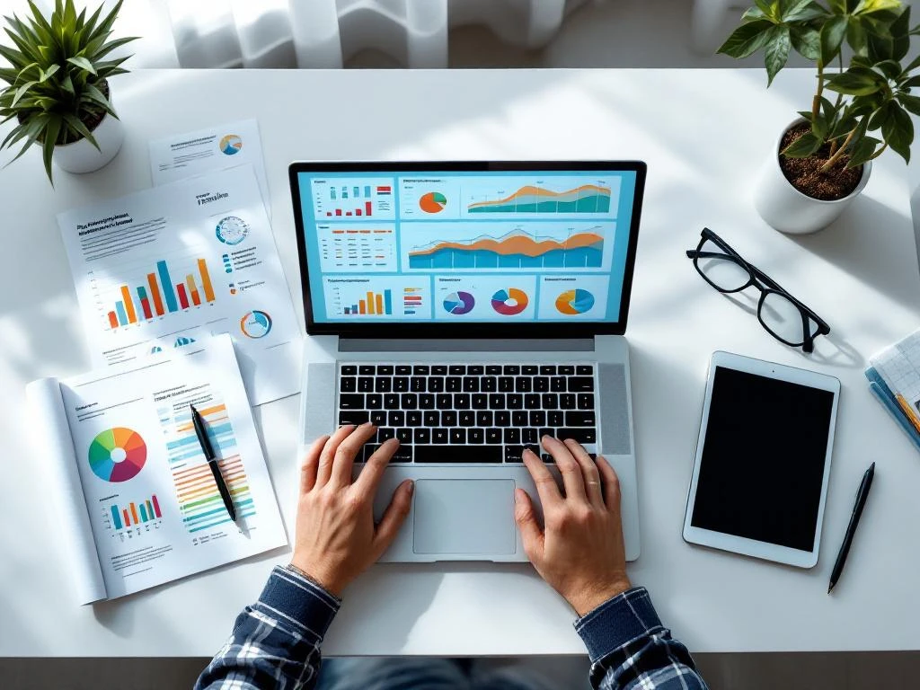 Bovenaanzicht van modern bureau met laptop met projectmanagementgrafieken, tablet met tijdlijnen en georganiseerde documenten