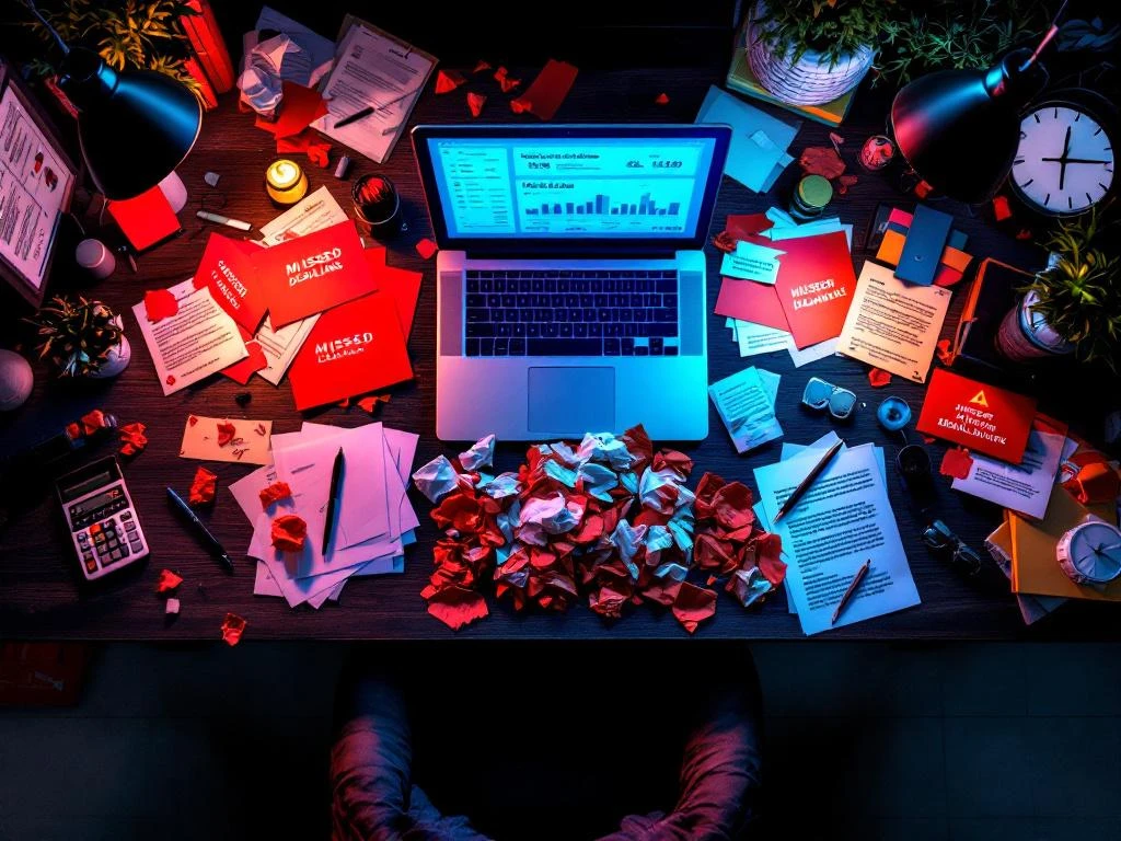 Chaotisch kantoorbureau van bovenaf met rode waarschuwingsdocumenten, laptop met gemiste deadlines en overvolle prullenbak