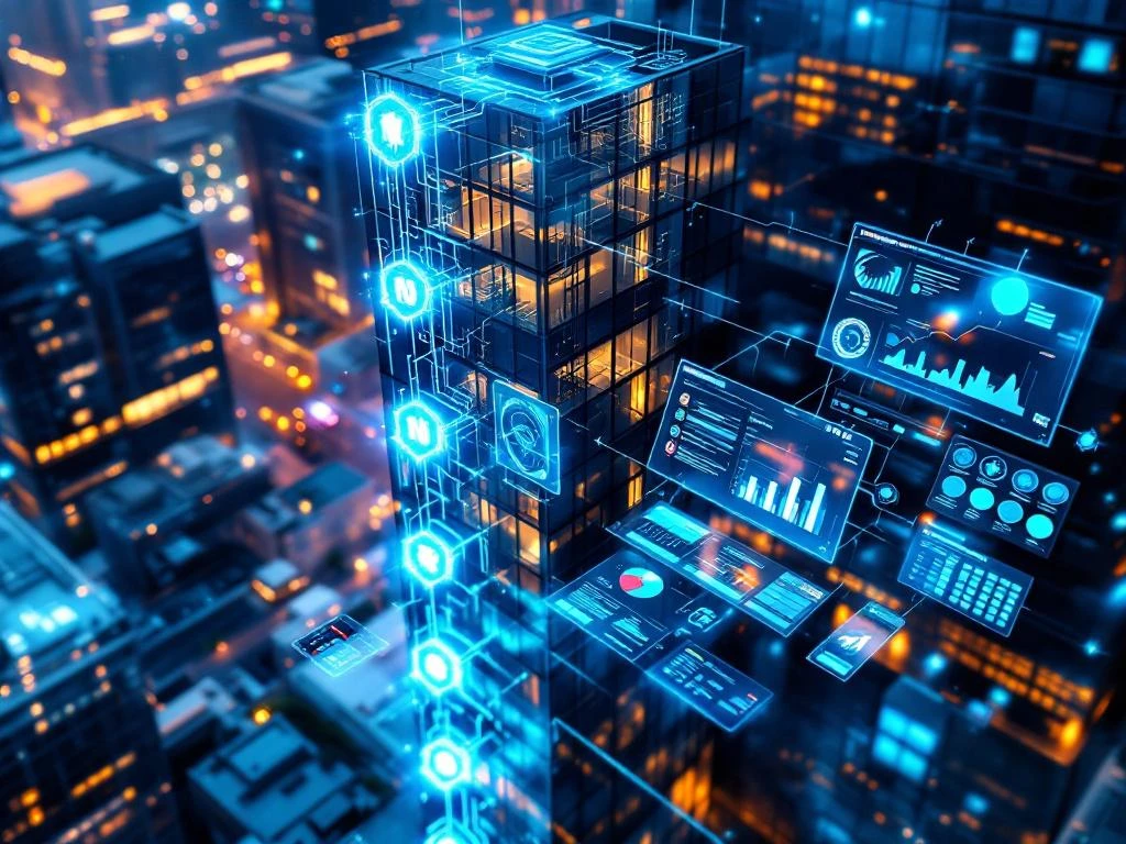 Moderne glazen kantoorgebouw met digitale projectmanagement dashboards en blauwe netwerkverbindingen in luchtfoto