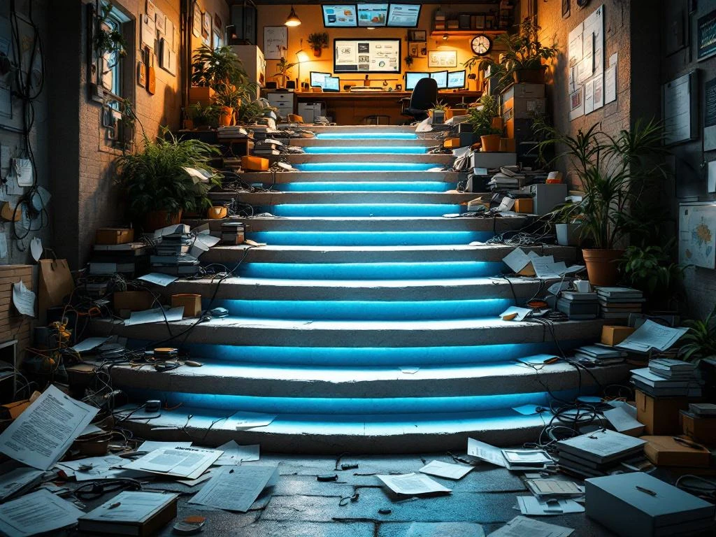 Zeven stenen trappen met blauw licht leiden van chaotische documenten naar georganiseerde digitale werkplek met dashboards