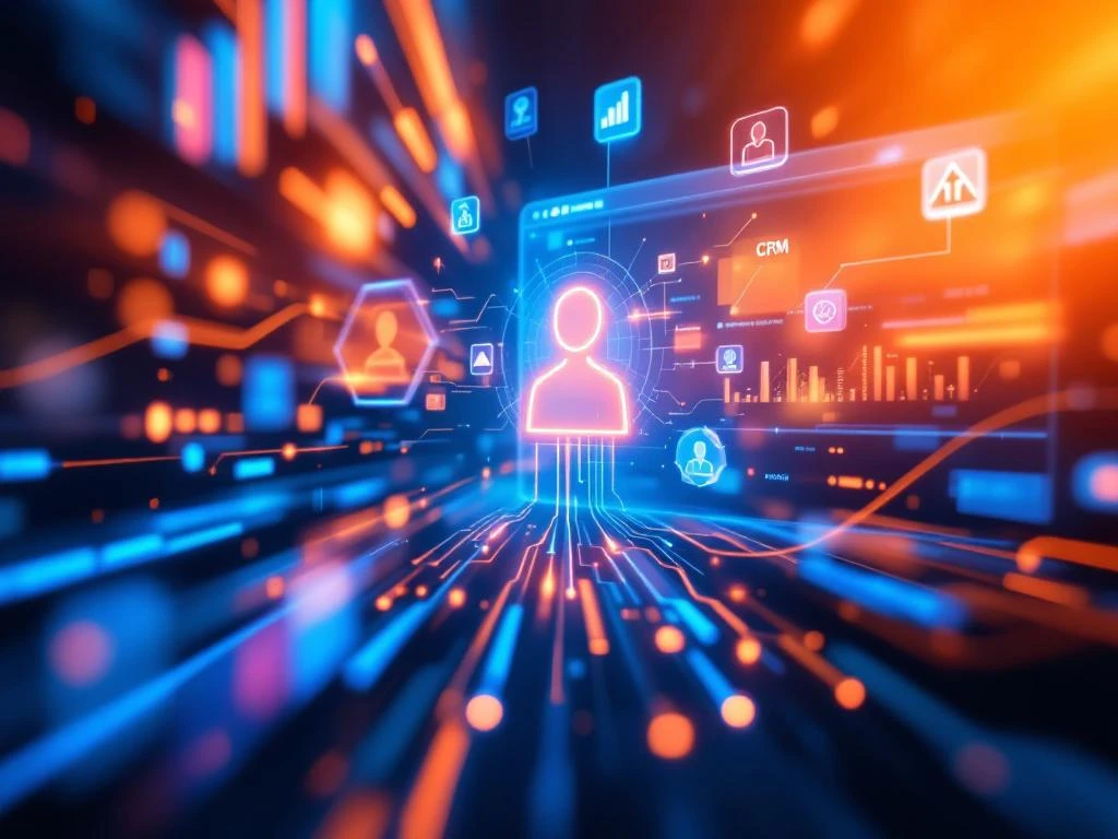 Moderne website-interface verbonden met CRM-dashboard via digitale datastromen in blauw-oranje kleuren