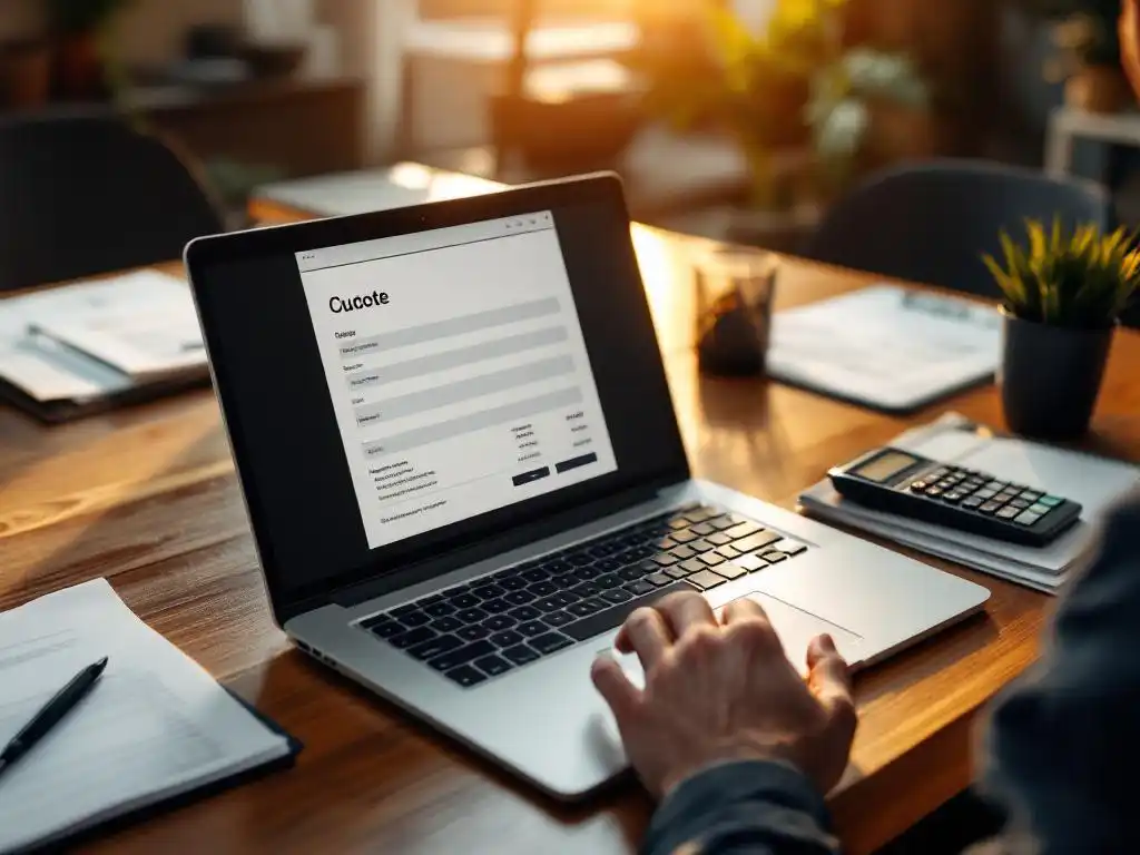 Moderne laptop met digitaal offerteformulier op scherm, zakenman typt, houten bureau met papieren facturen en rekenmachine