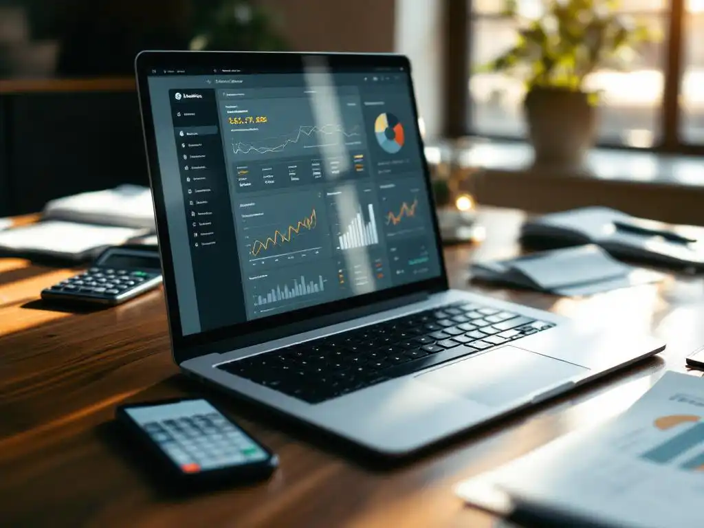 Moderne laptop met professioneel dashboard op houten bureau met documenten, calculator en smartphone met grafieken