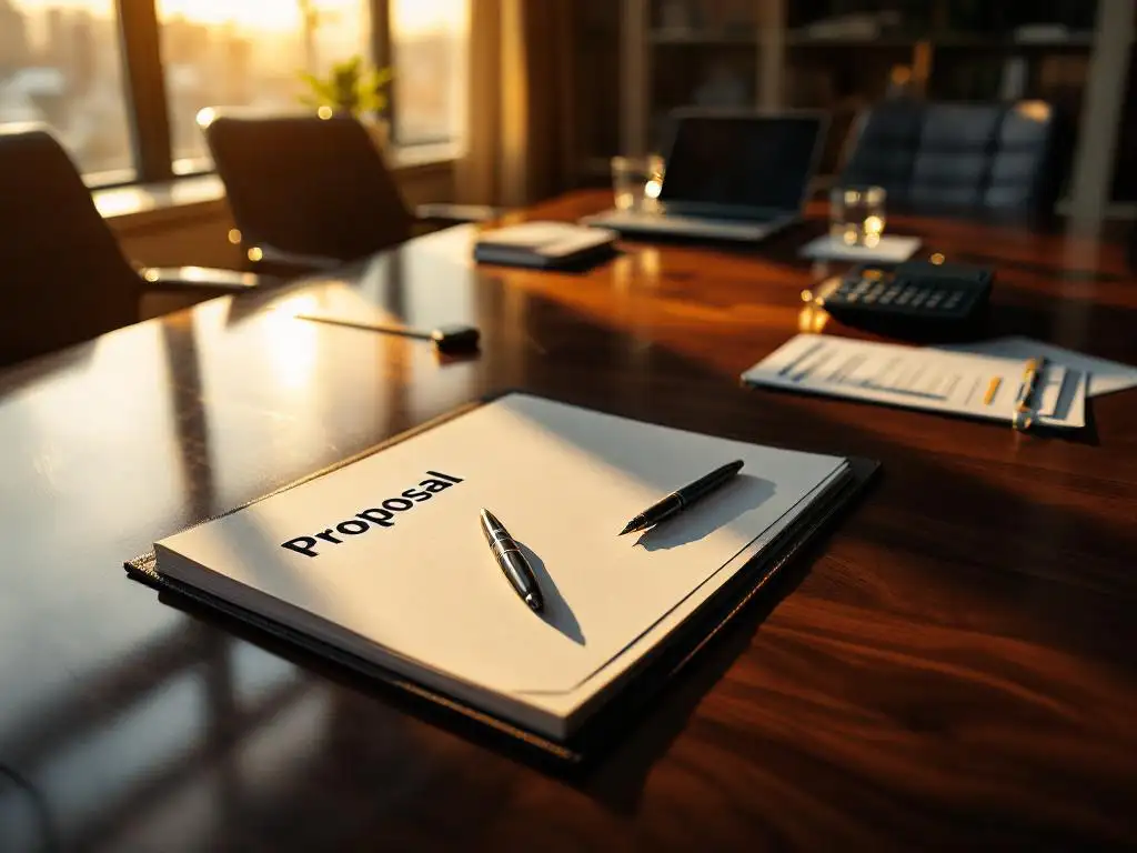 Open voorstel document met vulpen op mahonie vergadertafel, rekenmachine en visitekaartjes, warm kantoorlicht