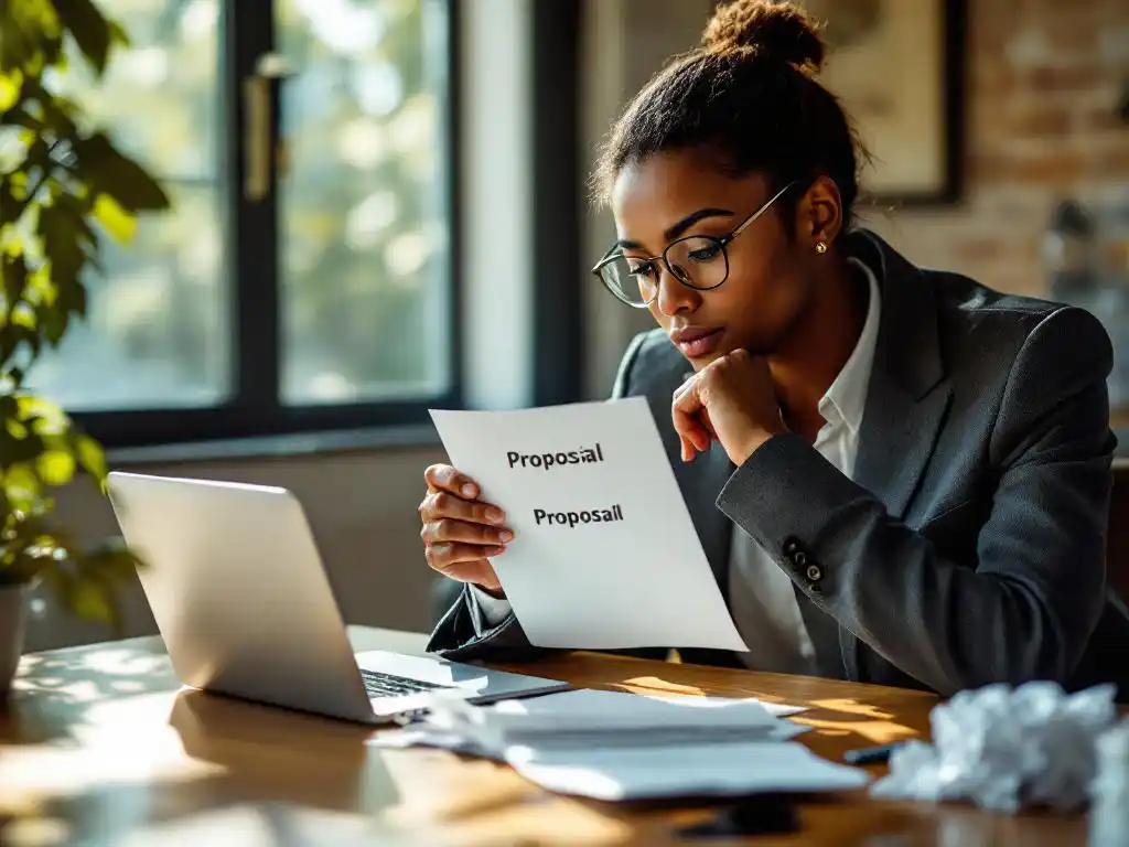 Zakenpersoon aan bureau houdt afgewezen voorstel vast, prullenbak vol papier, laptop toont nieuwe kansen op achtergrond