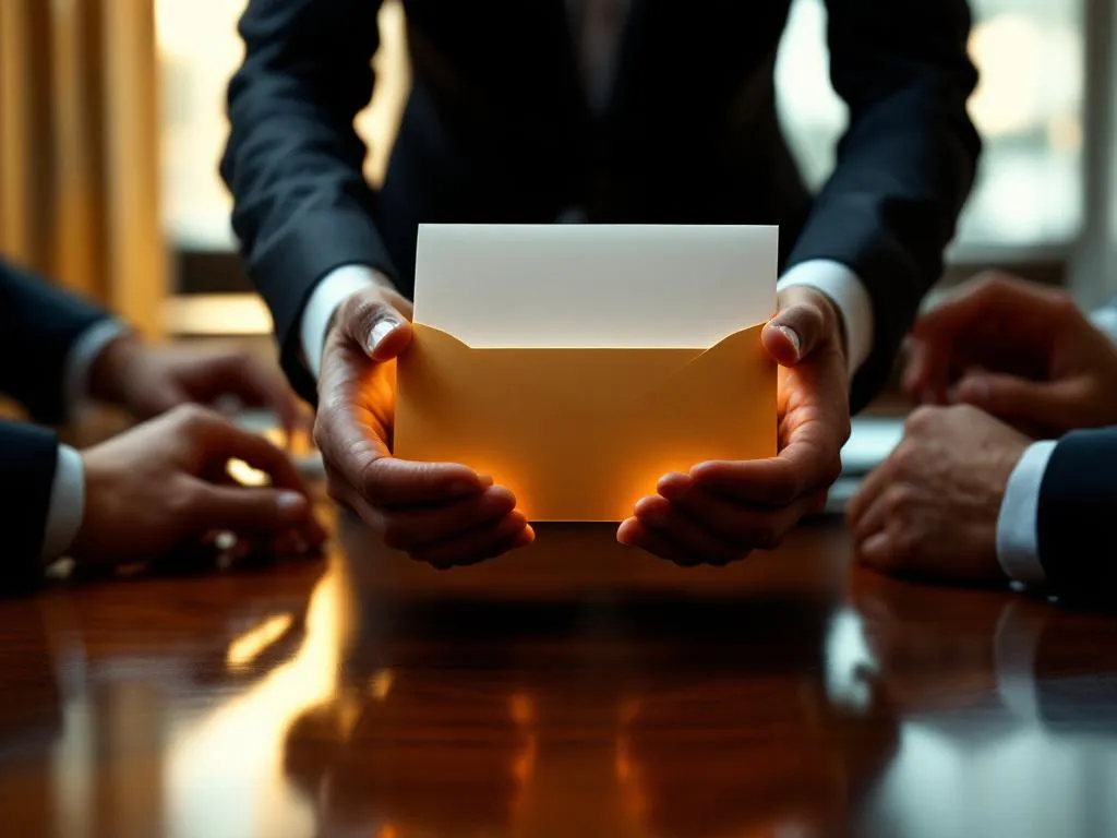 Zakenman beschermt verzegelde envelop met documenten tegen reikende handen op mahonie vergadertafel