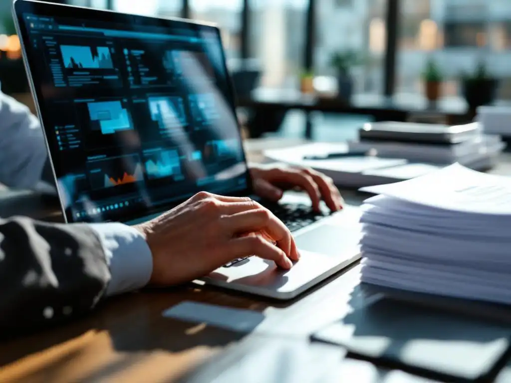 Zakenman typt op laptop met offertes op modern bureau, natuurlijk licht door ramen