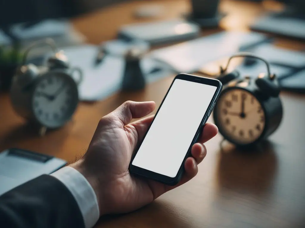 Zakenman reikt naar smartphone met berichtmelding op houten bureau met klok, documenten en koffiekop