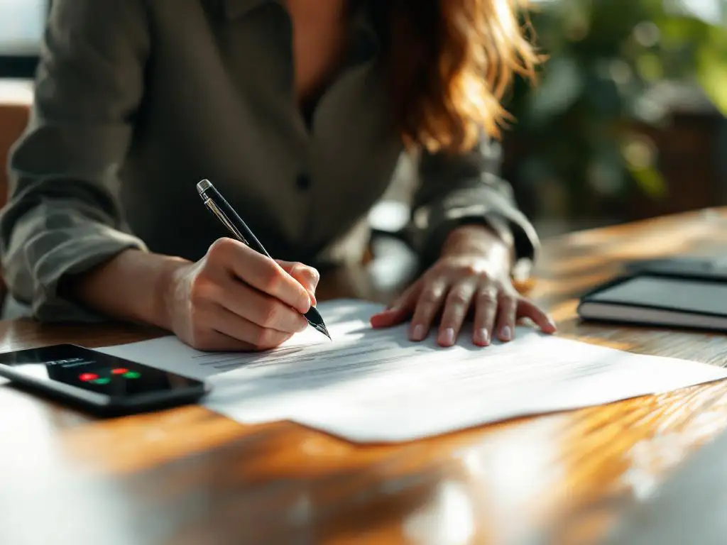 Zakenvrouw schrijft notities op voorstel aan bureau, smartphone toont inkomende oproep, natuurlijk kantoorlicht