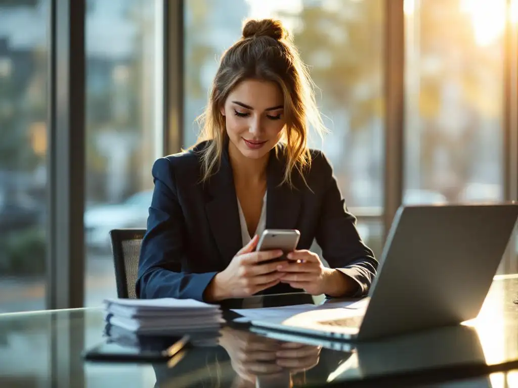 Professionele zakenvrouw in marineblauw jasje bekijkt smartphone aan modern glazen bureau met laptop en documenten