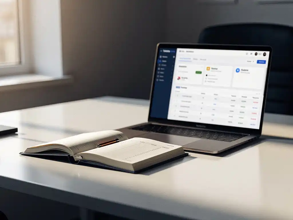 Open boekhoudingsgrootboek naast een laptop met bedrijfsdashboard op modern bureau, warm natuurlijk zijlicht.