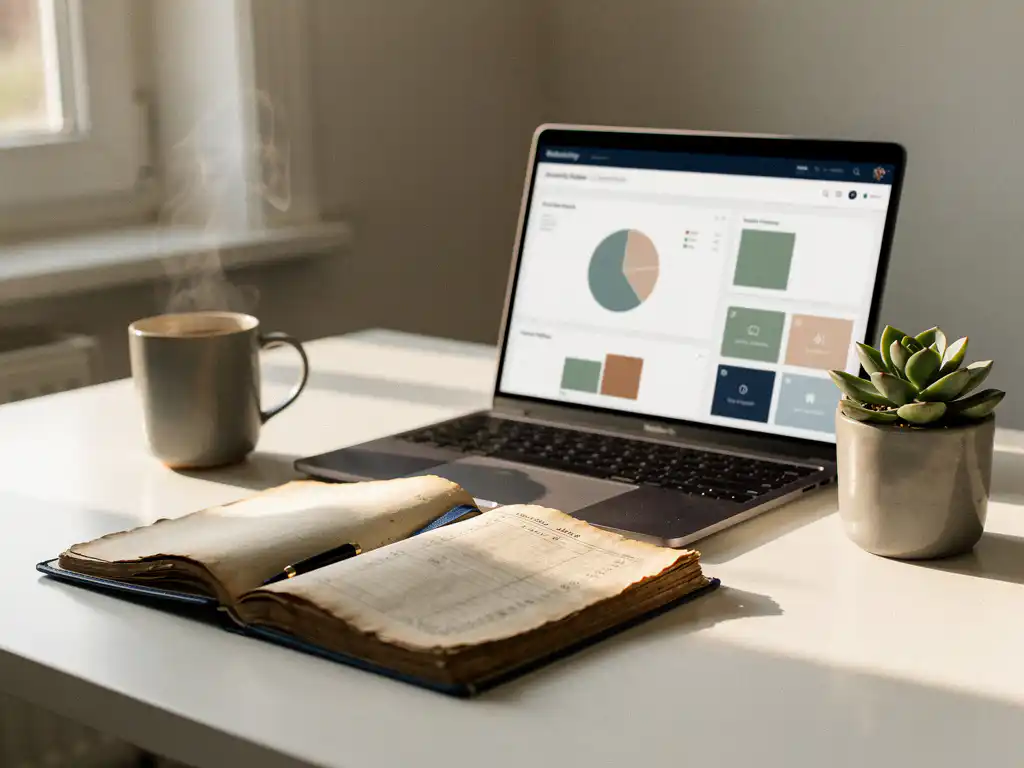 Klein zakelijk bureau met opengeslagen kasboek naast laptop met boekhoudingsdashboard, koffiemok en vetplant in natuurlijk licht.