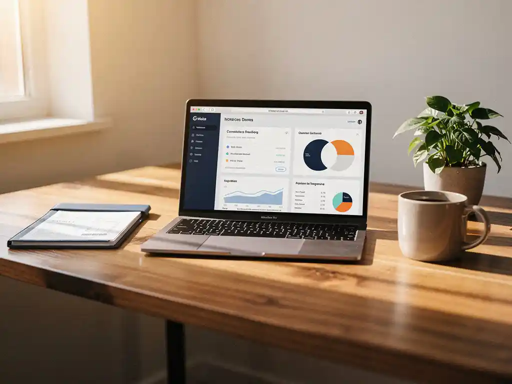 Opgeruimd klein kantoor bureau met laptop met dashboard, factuurmap, koffiemok en plant in warm natuurlijk licht.