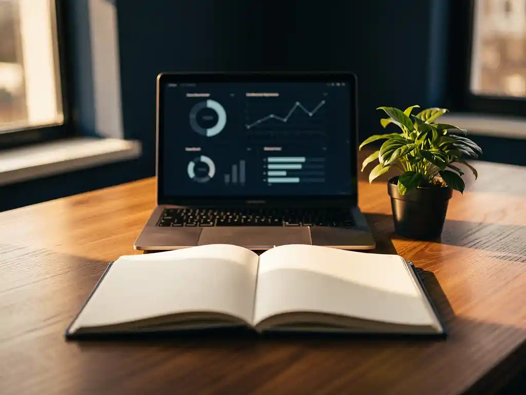 Opgeruimd SME-kantoorbureau met opengeslagen planner, laptop met dashboardgrafieken en potplant in warm amberkleurig middaglicht.