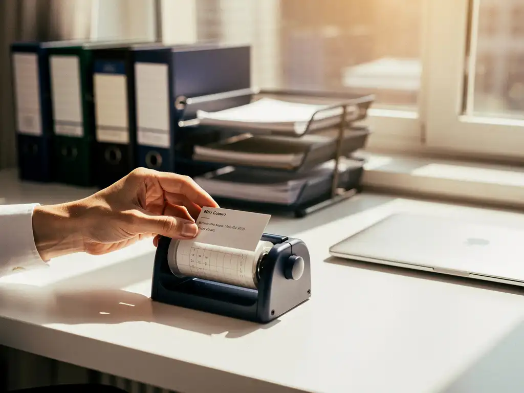 Hand die een contactkaart bijwerkt in een kantoor-Rolodex, met georganiseerde mappen en laptop op de achtergrond.