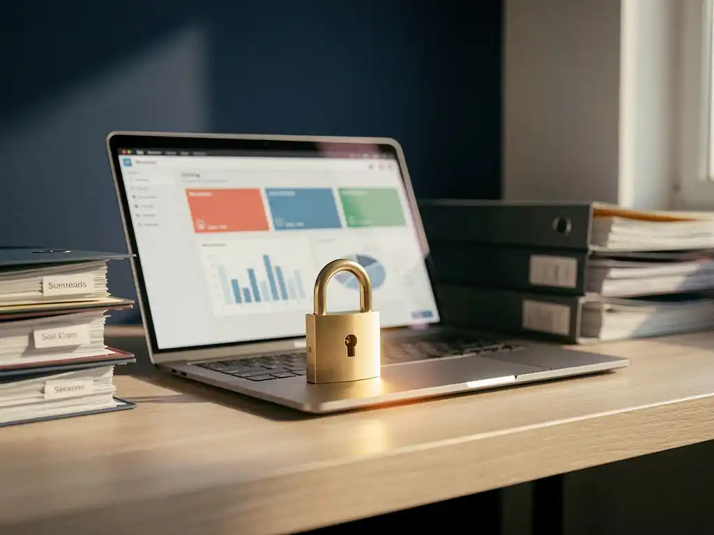 Vergrendeld messing hangslot op laptop met CRM-dashboard, omringd door clientmappen op houten bureau.
