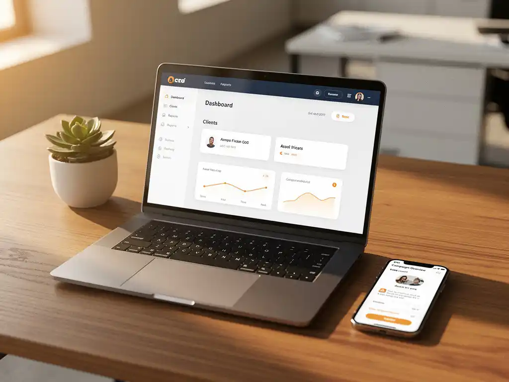 Laptop met CRM-dashboard en smartphone met e-mailcampagne op een eiken bureau, verlicht door warm gouden-uurlicht.