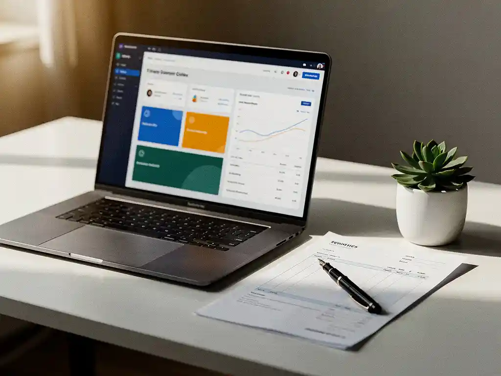 Laptop met CRM-dashboard naast een factuur en vulpen op een modern bureau, verlicht door natuurlijk raamlicht.