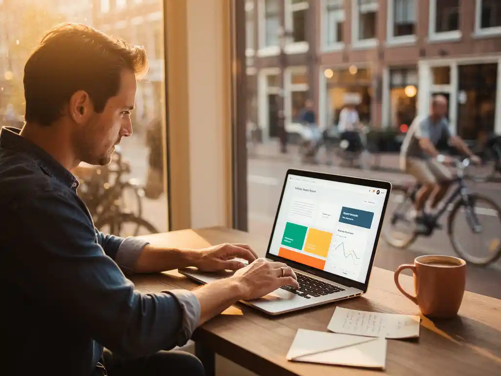 Ondernemer aan houten bureau bekijkt CRM-dashboard op laptop, met koffie en notities, Nederlands straatbeeld op de achtergrond.