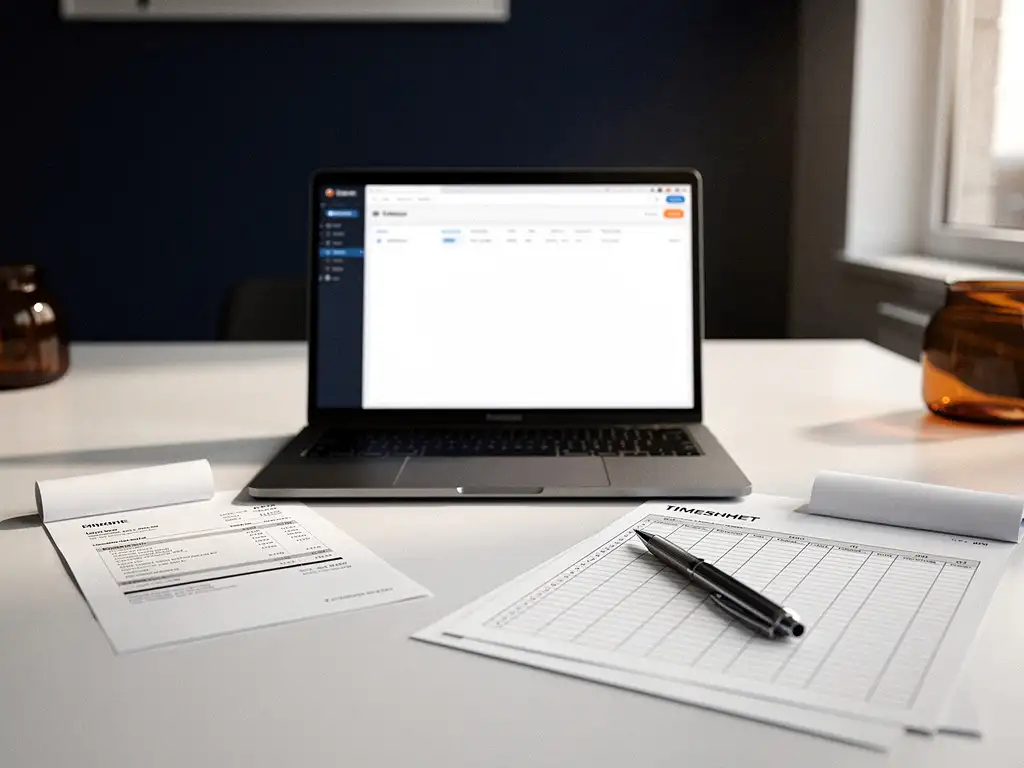 Laptop met unified dashboard op modern bureau, omringd door gedrukte factuur en urenstaat met pen, warm kantoorlicht.