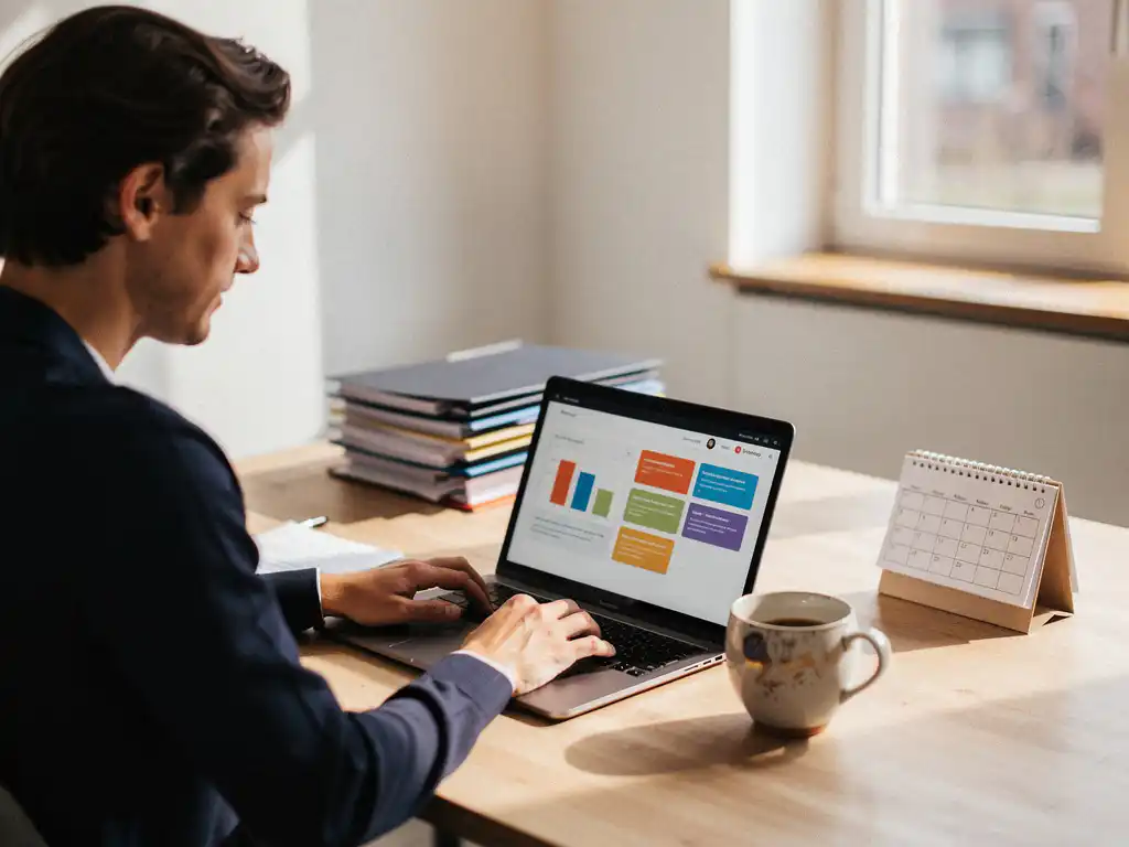 Ondernemer beheert digitaal projectdashboard op laptop aan opgeruimd bureau met koffie en kalender in modern Nederlands kantoor.