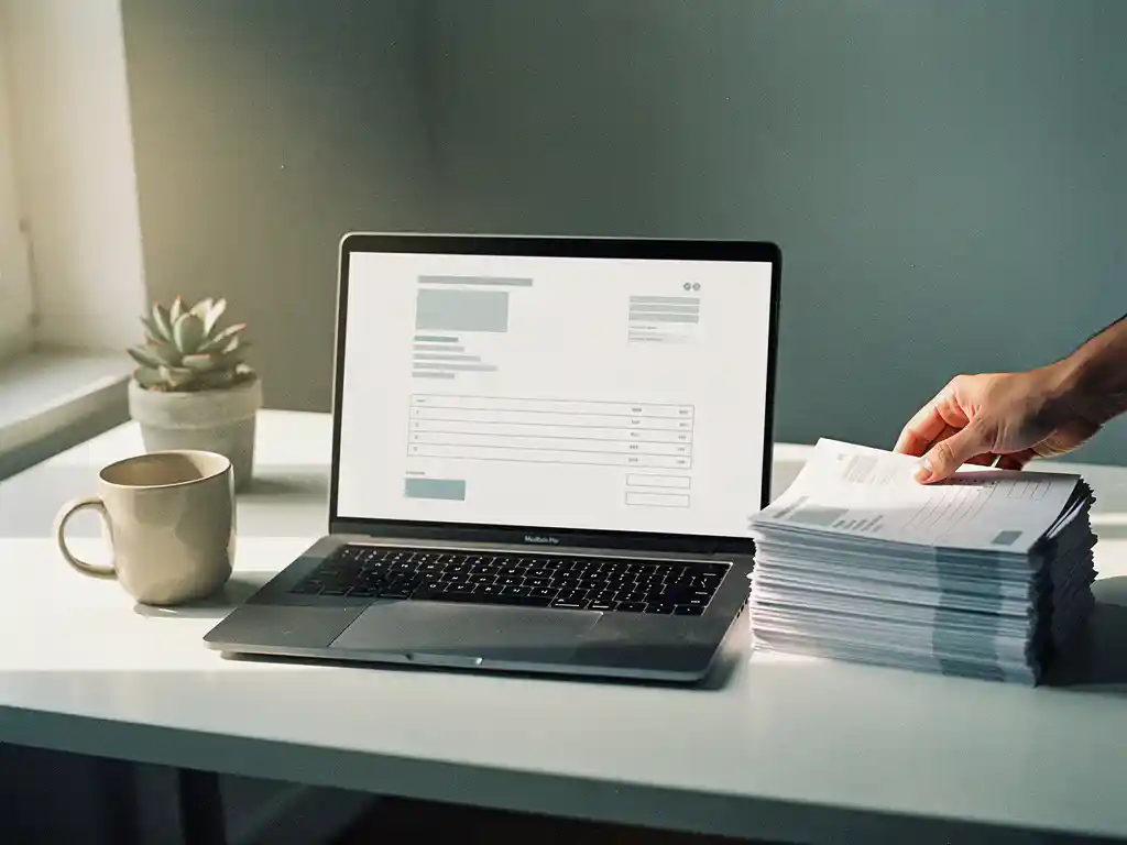 Digitale factuur op laptopscherm naast gestapelde papieren facturen, koffiekop en succulent op modern bureau in natuurlijk licht.