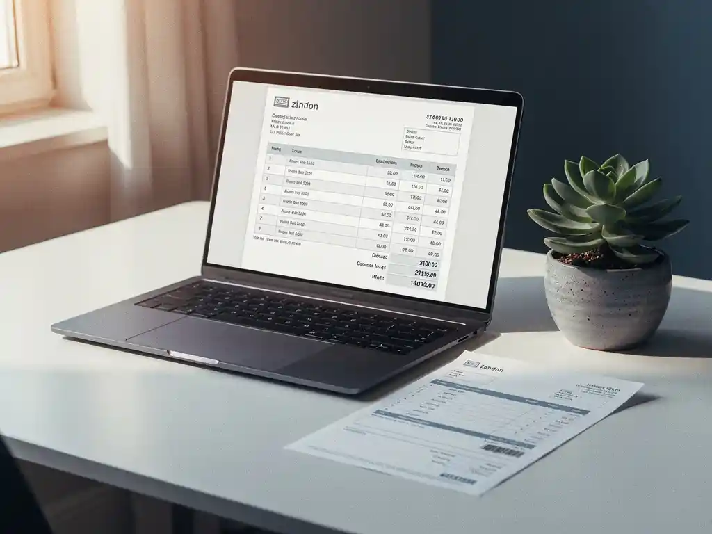 Laptop met digitale factuur naast een afgedrukte papieren factuur op modern bureau, met klein vetplantje in natuurlijk licht.