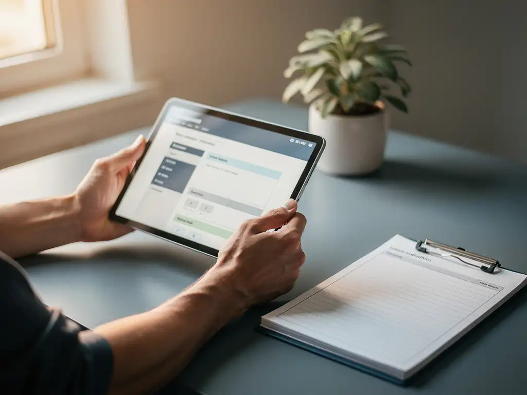 Technicus houdt tablet met digitaal werkorderformulier, papieren klembord op bureau op de achtergrond, overgang van papier naar digitaal.
