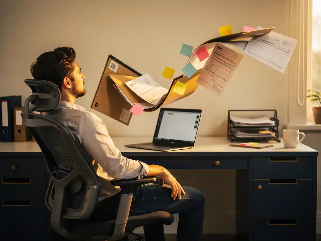 Ondernemer in moderne bureaustoel terwijl fysieke mappen en facturen samenvloeien in één laptop, symbool voor gestroomlijnde workflow.