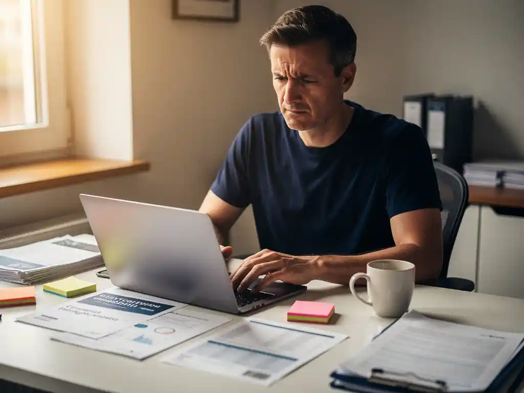 Ondernemer met gefronste wenkbrauwen aan rommelig bureau vol software-abonnementenoverzichten, sticky notes en laptop in warm natuurlijk licht.