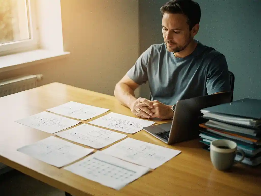 Ondernemer bestudeert workflowdiagrammen op houten bureau met laptop, mappen en koffie in warm, lichtrijk kantoor.