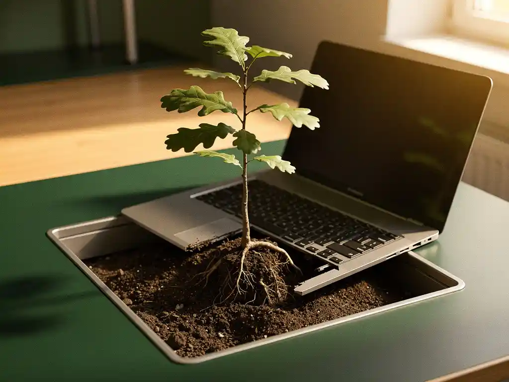 Jonge eikenboom groeit door laptoptoetsenbord met wortels in donkere aarde, zachte gouden zijlicht op minimalistische bureauomgeving.