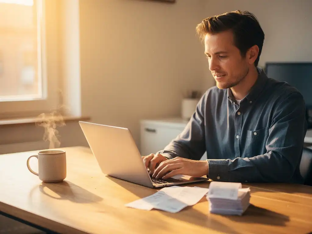 Ondernemer bekijkt digitale facturen op laptop aan houten bureau met koffie en papieren bonnen in warm natuurlijk licht.