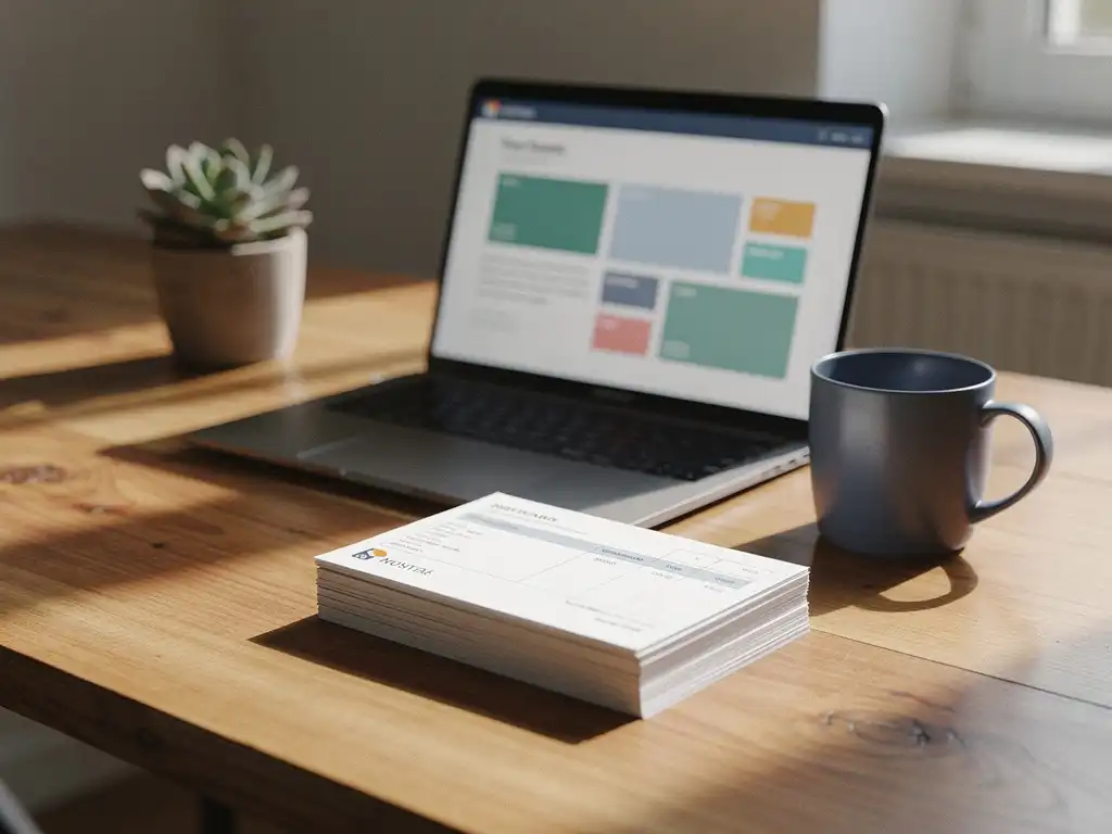 Houten bureau met facturen naast een laptop met dashboard, koffiemok en vetplant in zacht natuurlijk licht.