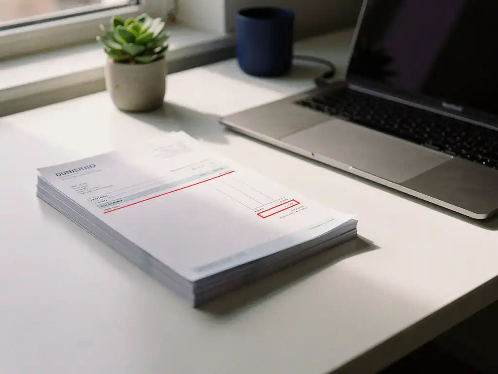 Stapel facturen met rode correctiemark naast laptop op minimalistisch bureau, verlicht door natuurlijk zijlicht.